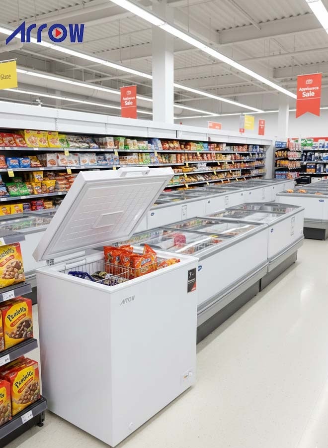 ارو فريزر أفقي سعة 100 لتر (3.5 قدم مكعب) مع ضمان 7 سنوات على الضاغط، موفر للطاقة، تجميد فائق، تحكم إلكتروني في درجة الحرارة، إذابة يدوية للثلج، مقبض خارجي مخفي، عجلات، لون أبيض | رقم الموديل: RO-160F - Image 5